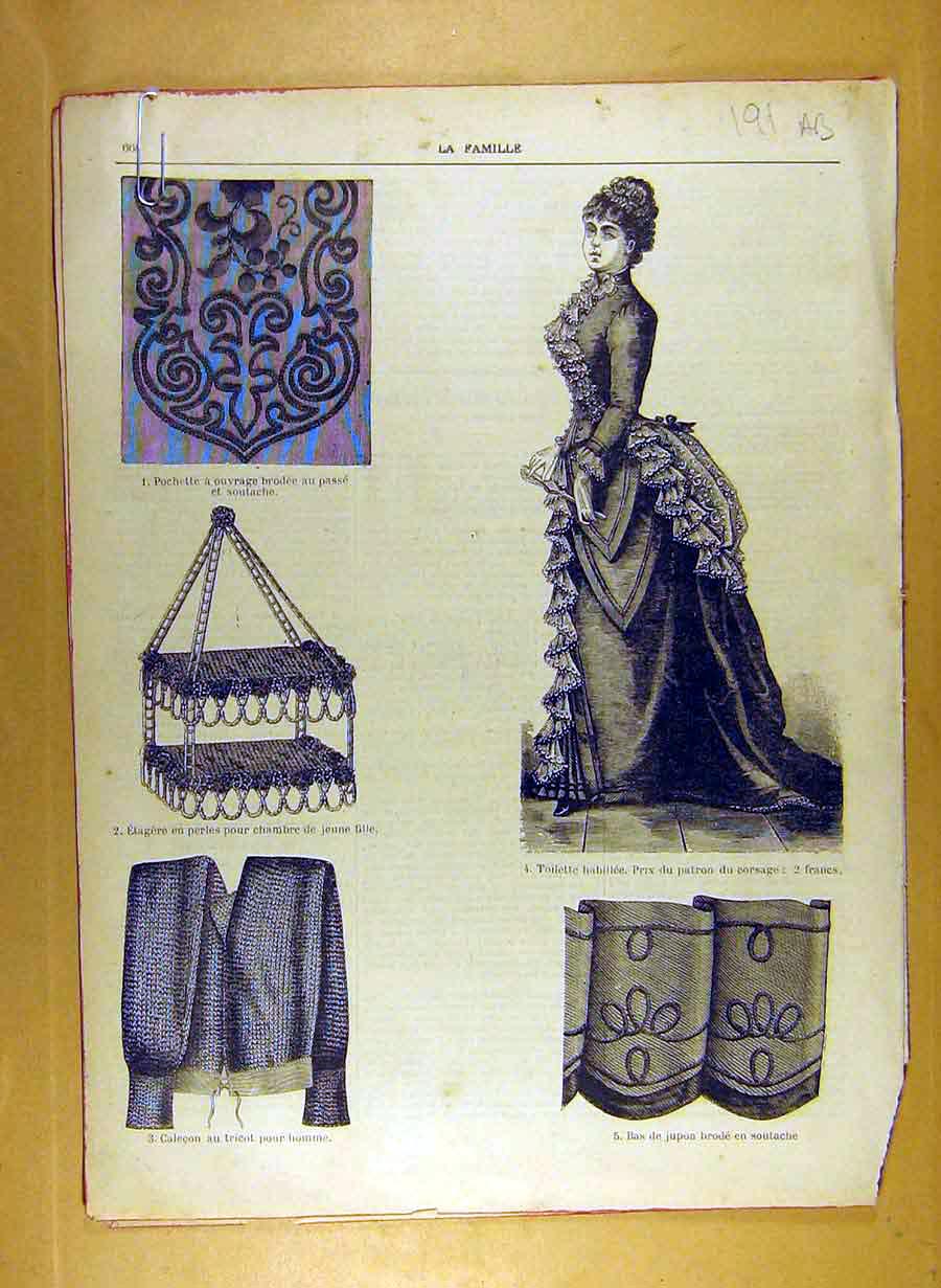 Antique Old Print Ref.178 1884 Ladies Fashion Dress Material Corsage French