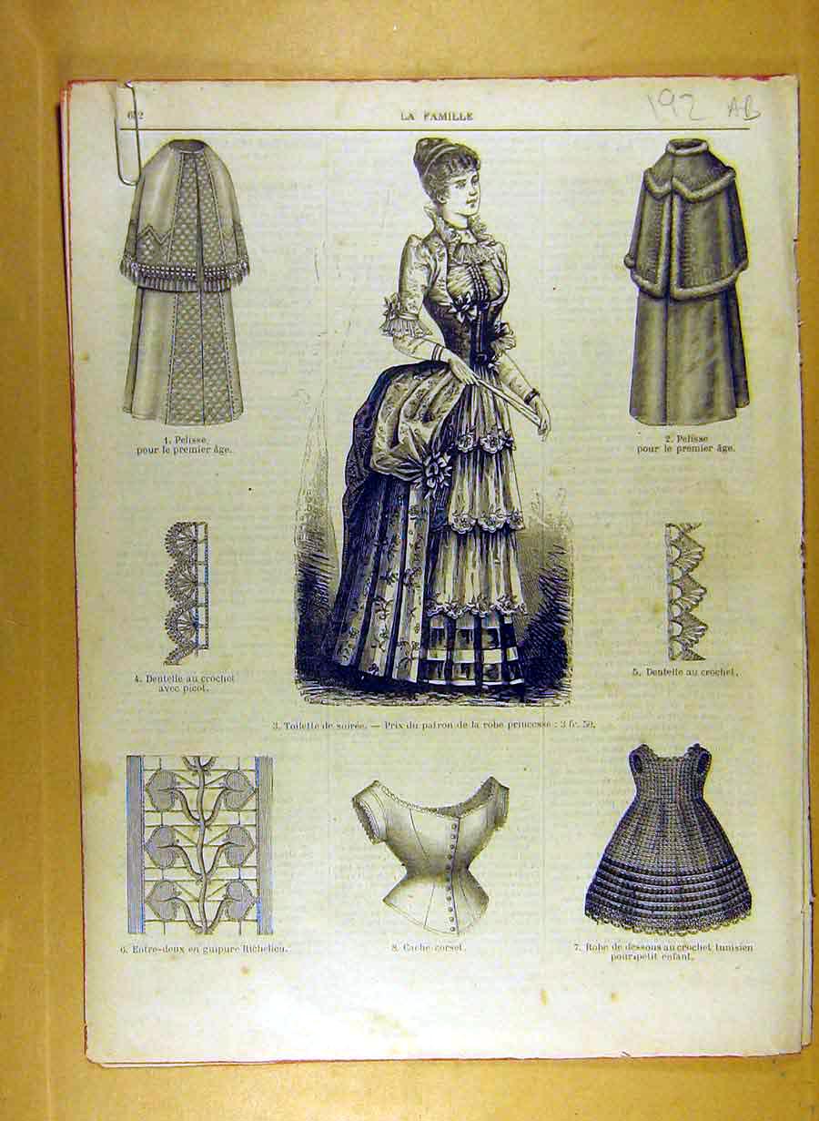 Antique Old Print Ref.179 1884 Ladies Fashion Dress Material Corsage French