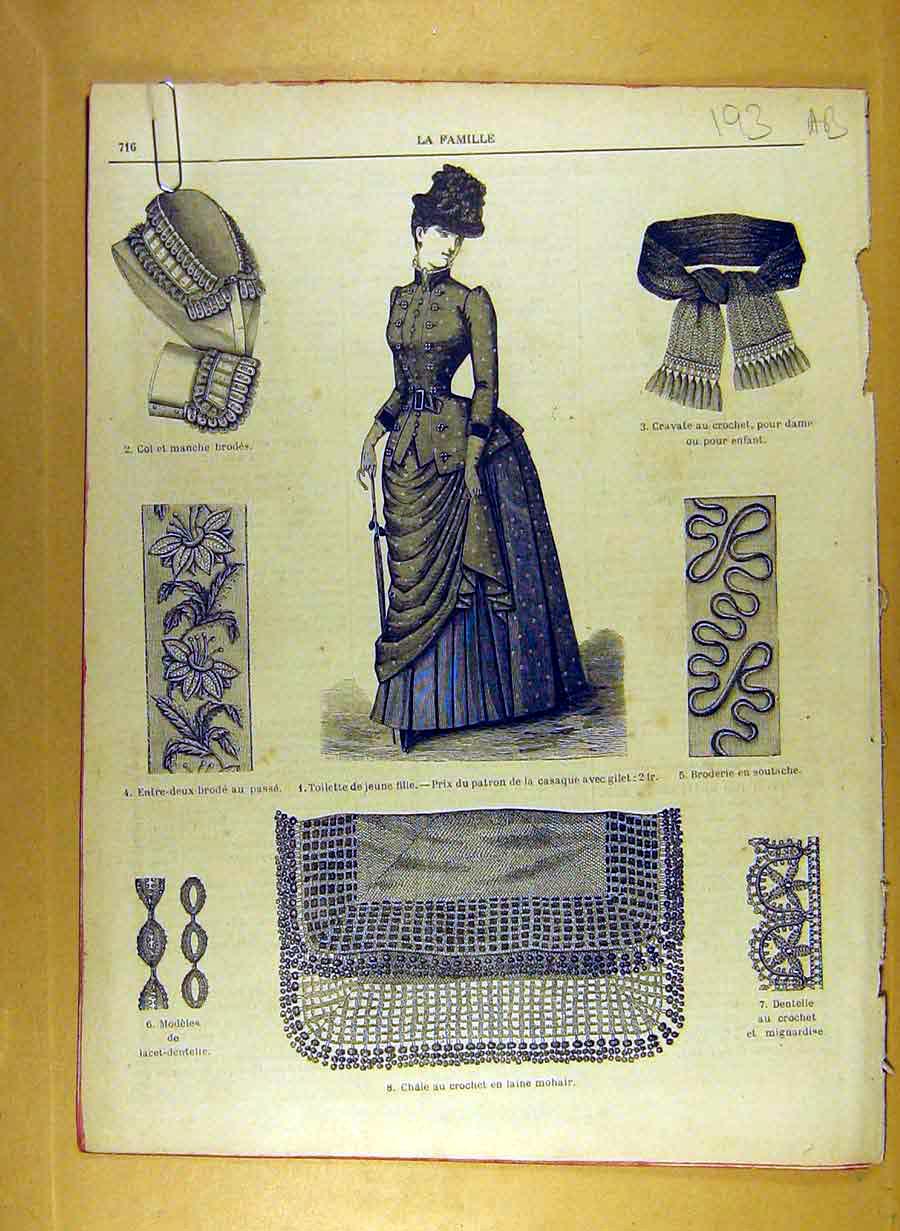 Antique Old Print Ref.180 1884 Ladies Fashion Dress Material Corsage French