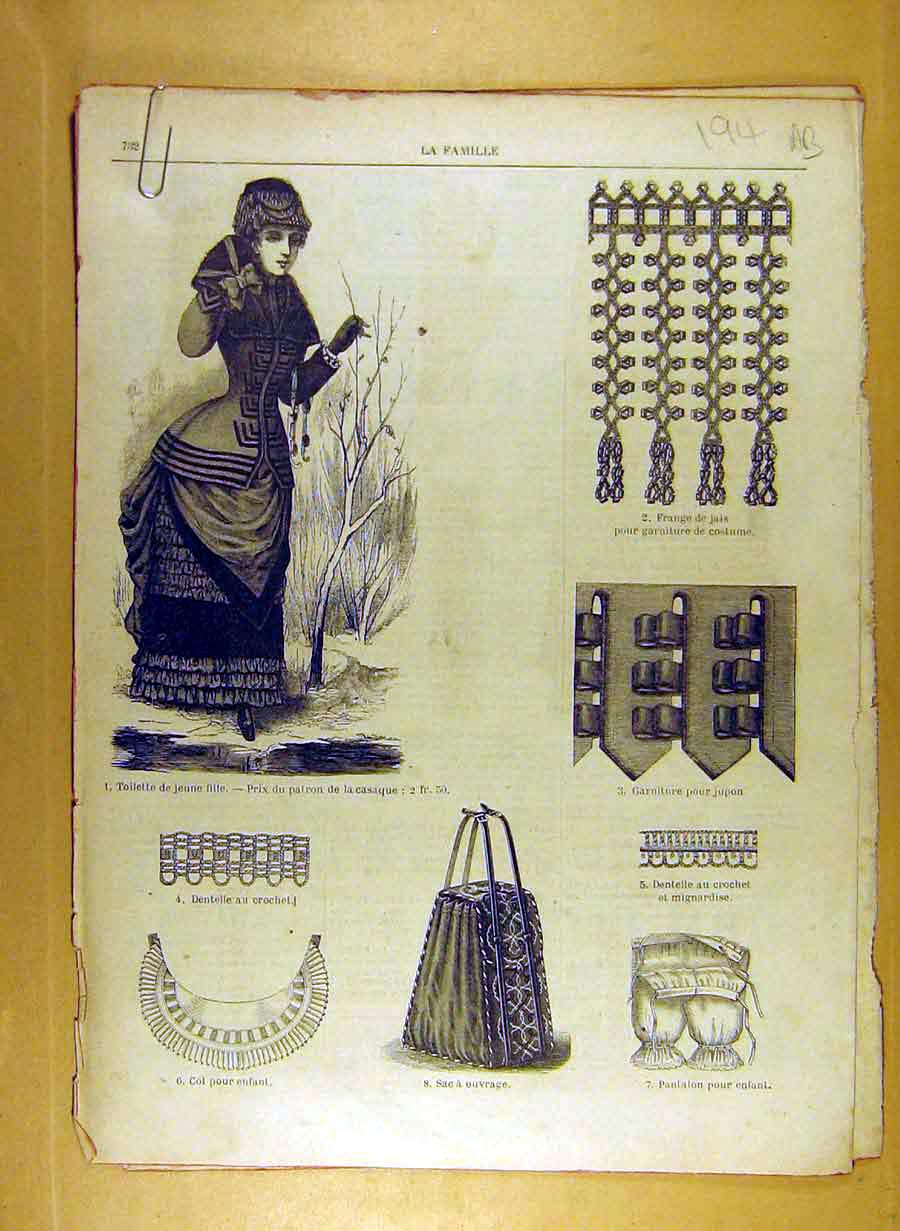 Antique Old Print Ref.181 1884 Ladies Fashion Dress Material Corsage French
