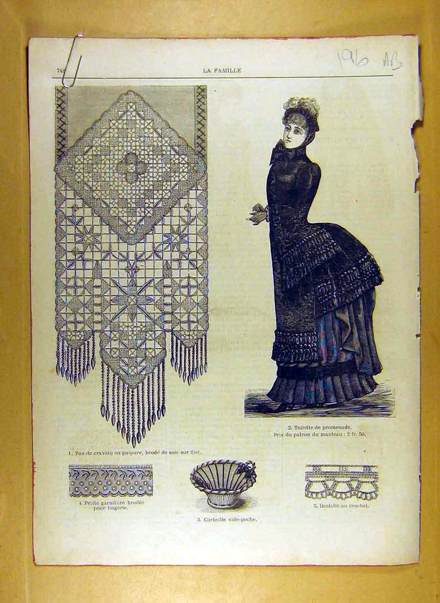 Antique Old Print Ref.182 1884 Ladies Fashion Dress Material Corsage French