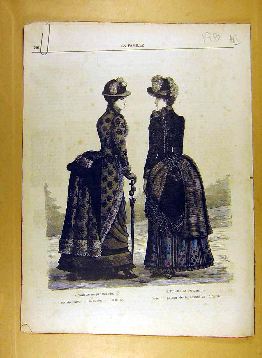 Antique Old Print Ref.184 1884 Ladies Fashion Dress Material Corsage French