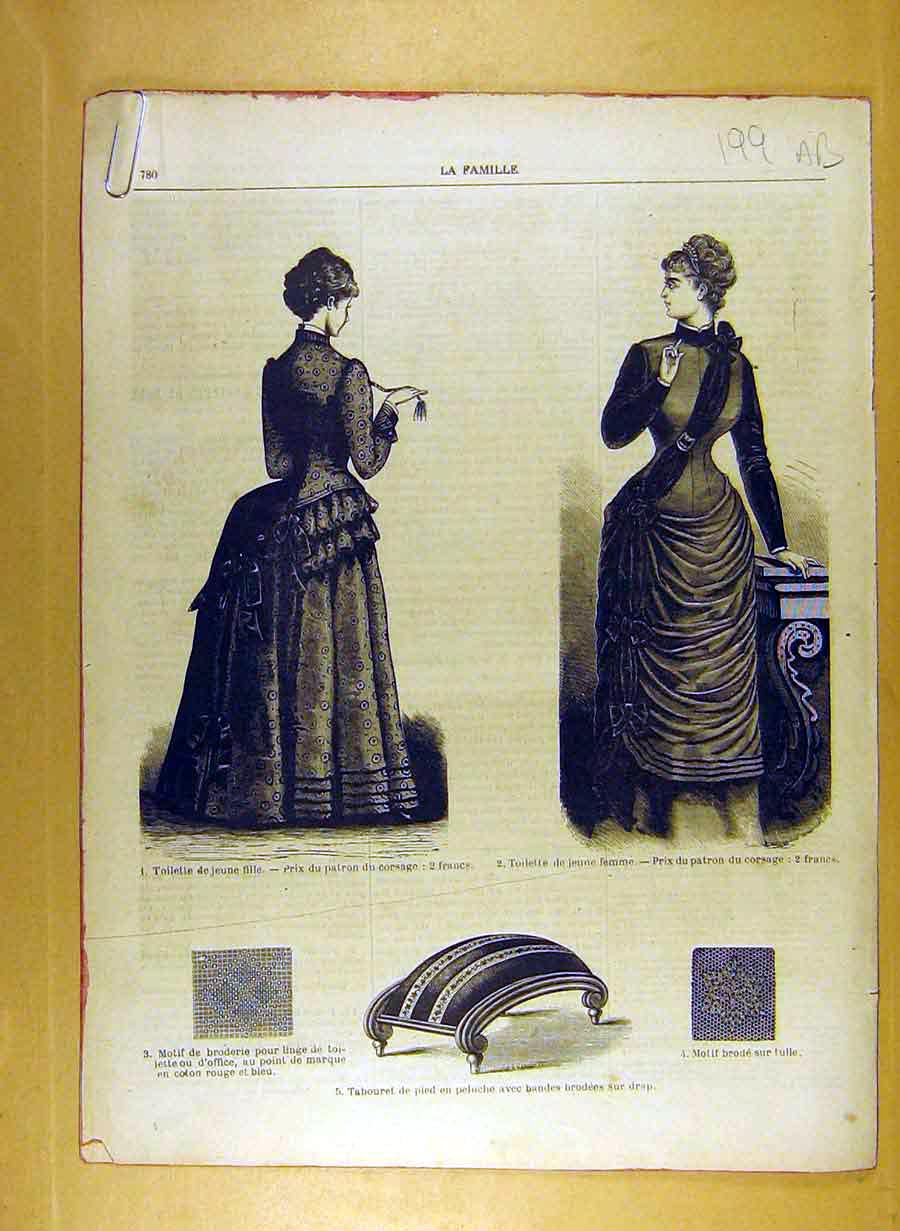 Antique Old Print Ref.185 1884 Ladies Fashion Dress Material Corsage French