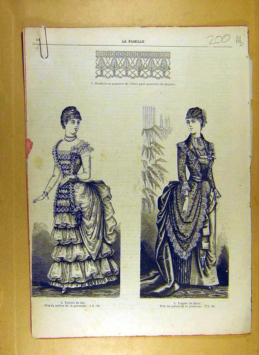 Antique Old Print Ref.186 1884 Ladies Fashion Dress Material Corsage French