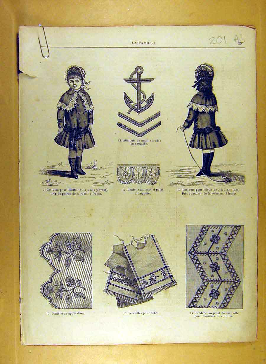 Antique Old Print Ref.187 1884 Ladies Fashion Dress Material Corsage French