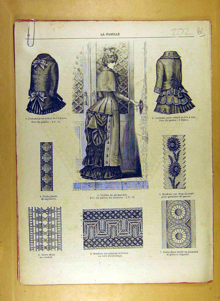 Antique Old Print Ref.188 1884 Ladies Fashion Dress Material Corsage French