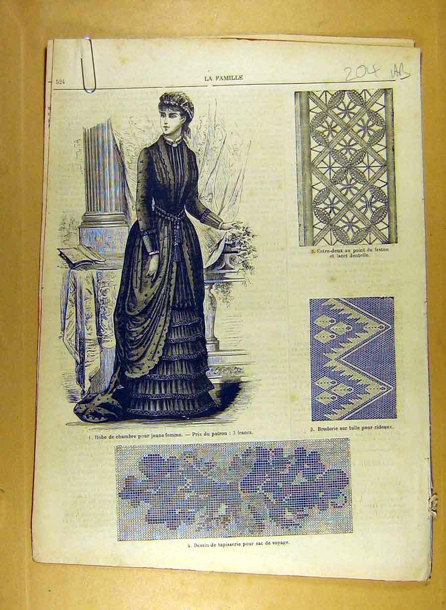 Antique Old Print Ref.190 1884 Ladies Fashion Dress Material Corsage French