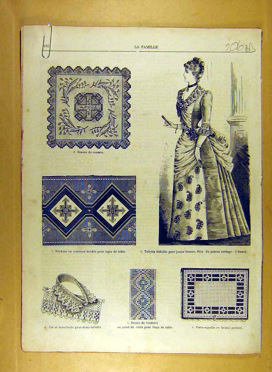 Antique Old Print Ref.192 1884 Ladies Fashion Dress Material Corsage French