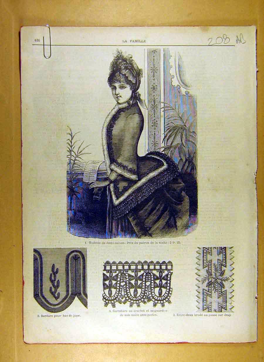 Original Old Antique Print Ref.193 1884 Ladies Fashion Dress Hat Corsage French