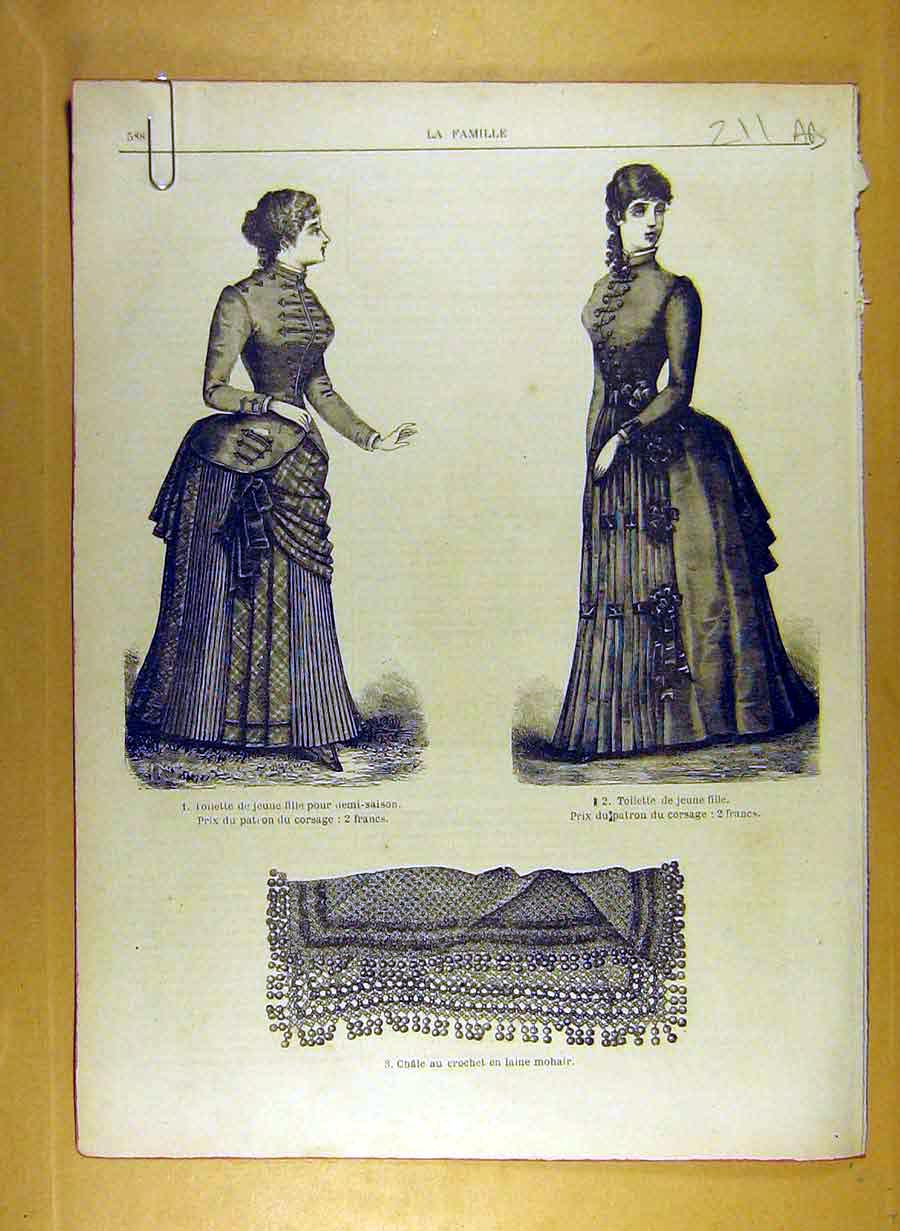 Original Old Antique Print Ref.196 1884 Ladies Fashion Dress Hat Corsage French