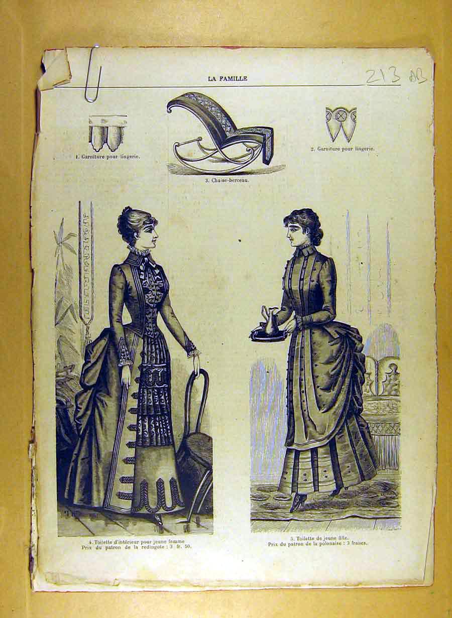 Original Old Antique Print Ref.198 1884 Ladies Fashion Dress Hat Corsage French