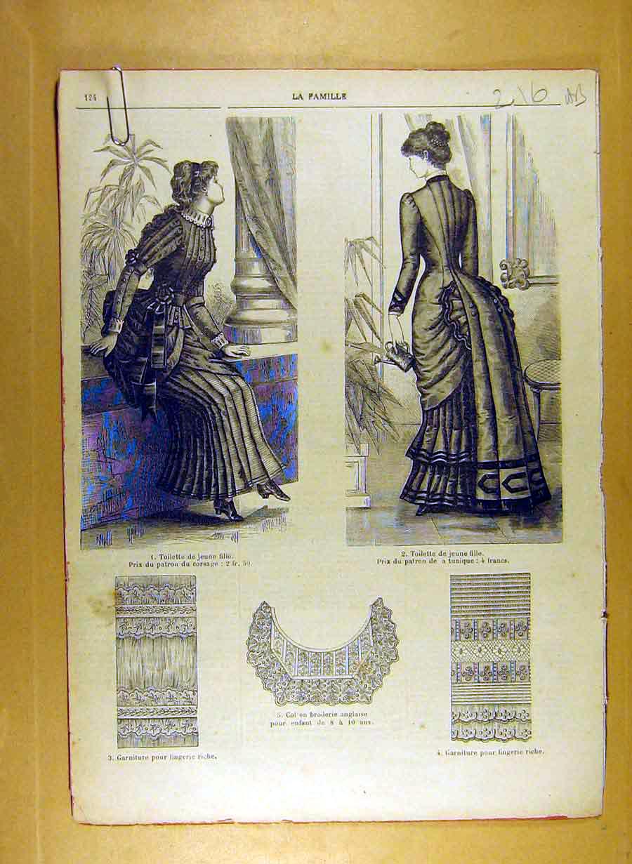 Original Old Antique Print Ref.201 1884 Ladies Fashion Dress Hat Corsage French