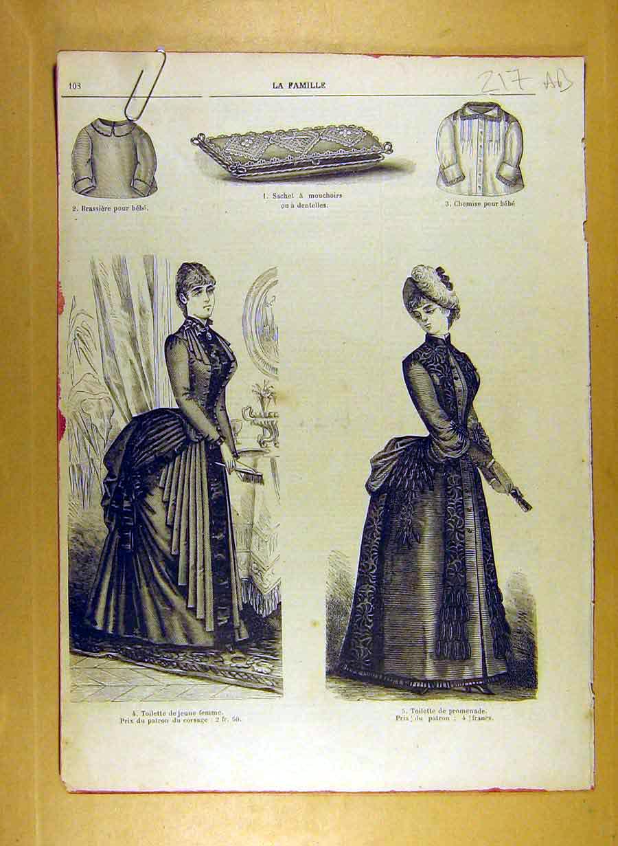 Original Old Antique Print Ref.202 1884 Ladies Fashion Dress Hat Corsage French