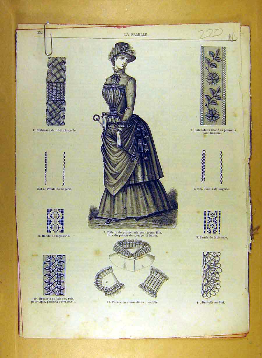 Original Old Antique Print Ref.205 1884 Ladies Fashion Dress Hat Corsage French
