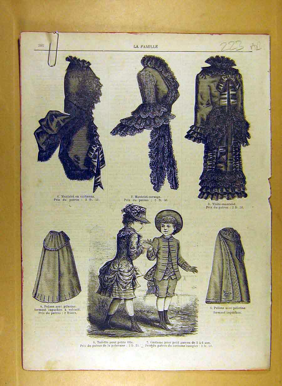 Original Old Antique Print Ref.208 1884 Ladies Fashion Dress Hat Corsage French