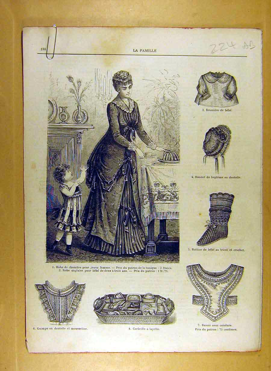 Original Old Antique Print Ref.209 1884 Ladies Fashion Dress Hat Corsage French