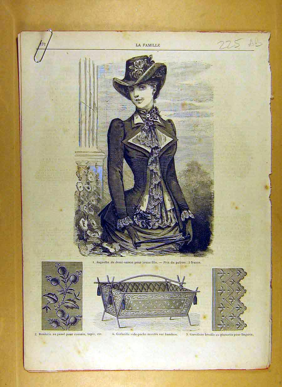 Original Old Antique Print Ref.210 1884 Ladies Fashion Dress Hat Corsage French