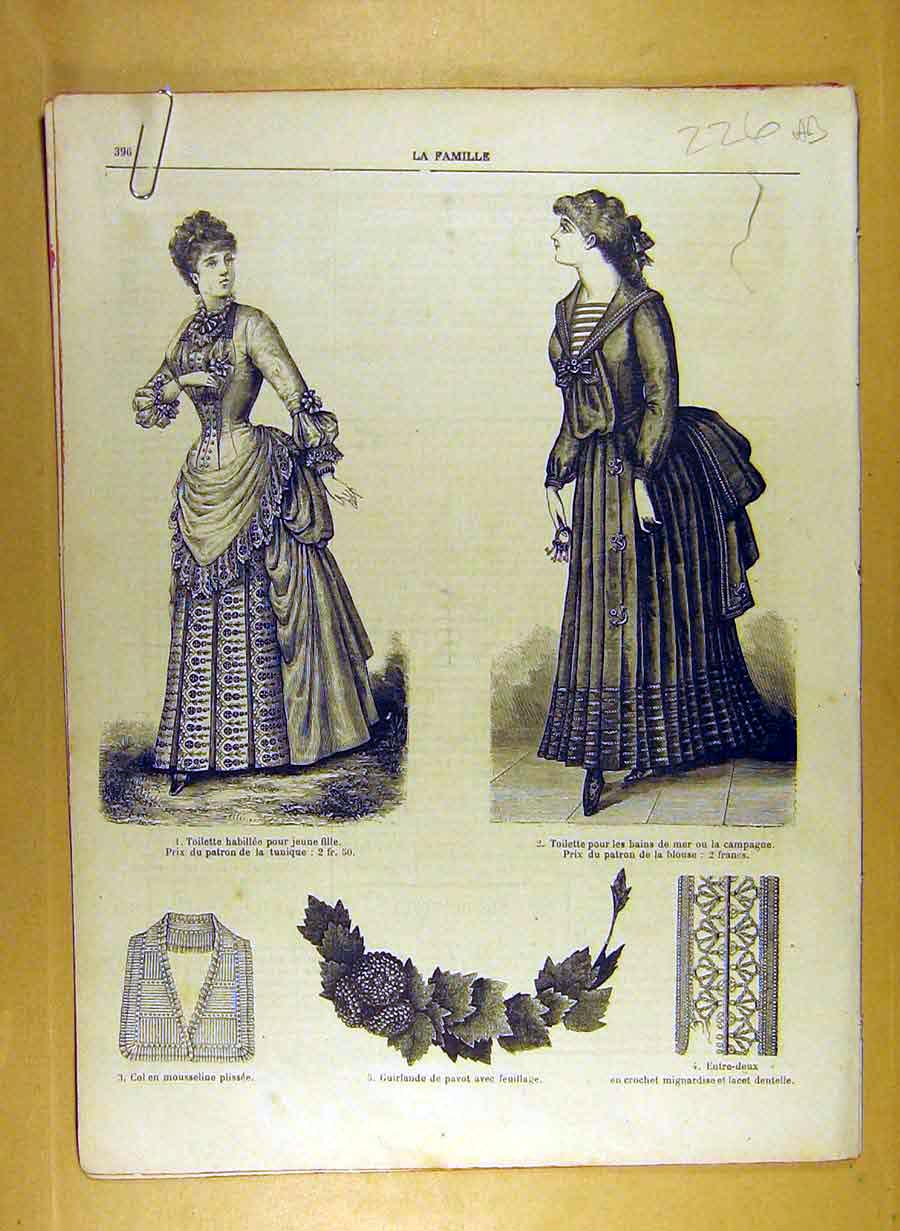 Original Old Antique Print Ref.211 1884 Ladies Fashion Dress Hat Corsage French