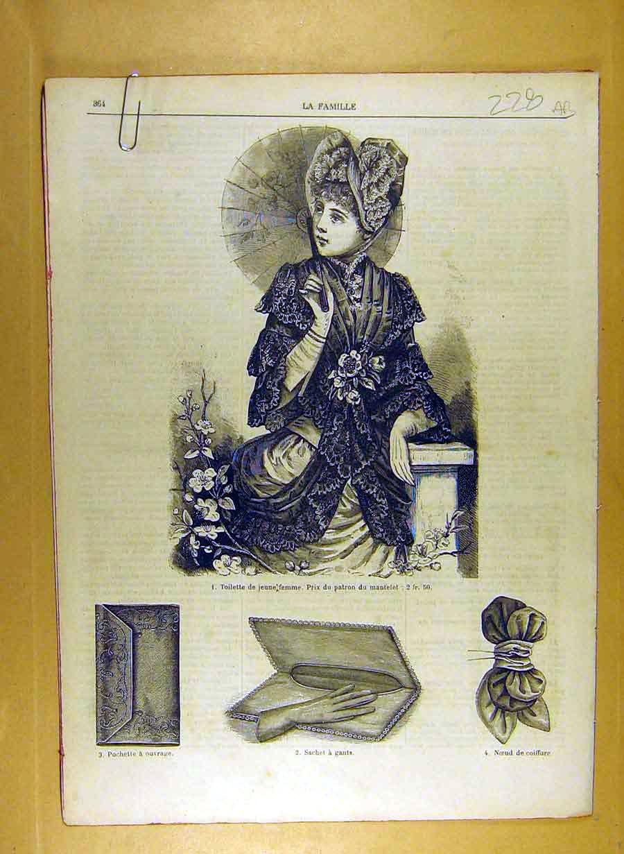 Original Old Antique Print Ref.213 1884 Ladies Fashion Dress Hat Corsage French