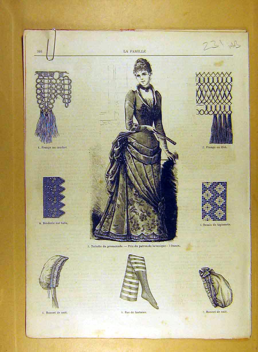 Original Old Antique Print Ref.216 1884 Ladies Fashion Dress Hat Corsage French