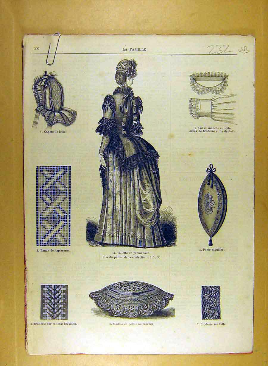 Original Old Antique Print Ref.217 1884 Ladies Fashion Dress Hat Corsage French