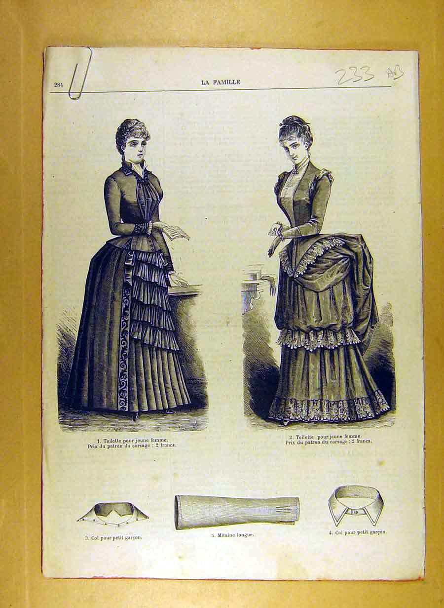 Original Old Antique Print Ref.218 1884 Ladies Fashion Dress Hat Corsage French