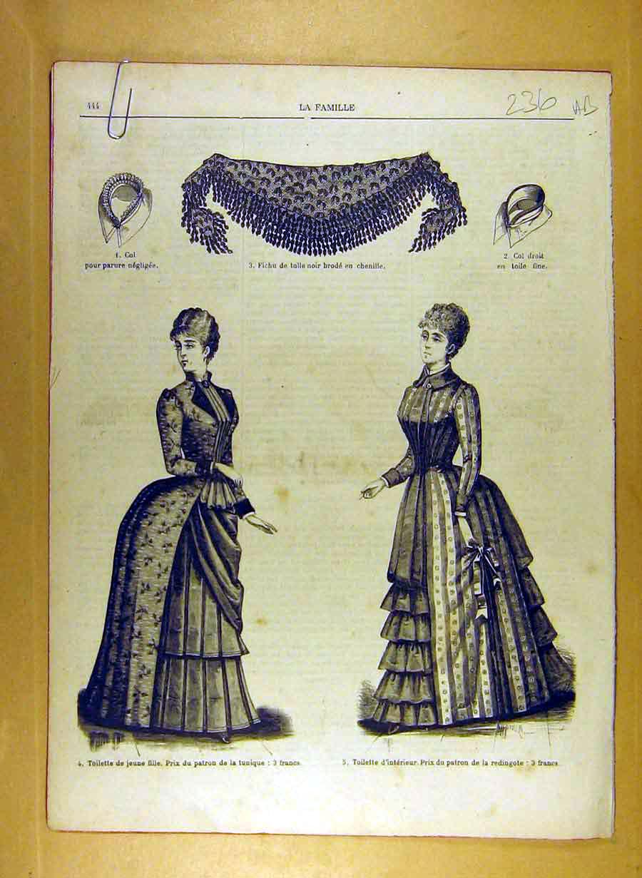 Antique Old Print Ref.220 1884 1884 Ladies Fashion Dress Hat Corsage French