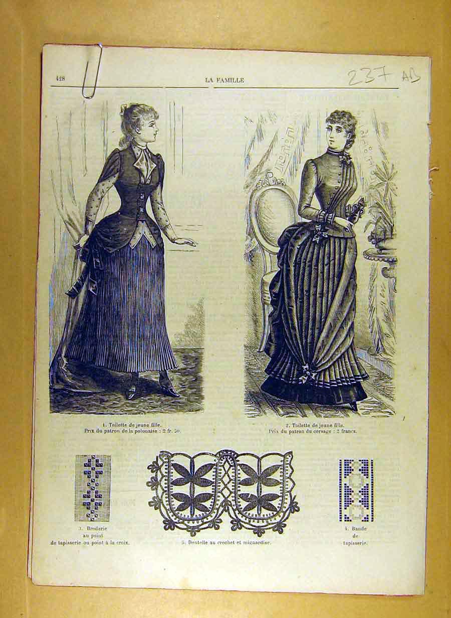 Antique Old Print Ref.221 1884 1884 Ladies Fashion Dress Hat Corsage French