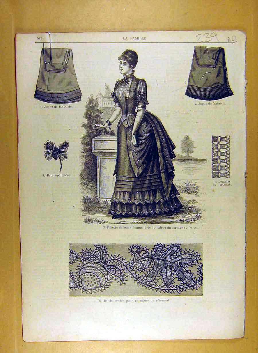 Antique Old Print Ref.222 1884 1884 Ladies Fashion Dress Hat Corsage French