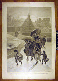 Original Old Antique Print 1885 Dargelas School-Children Snow French Art 19th