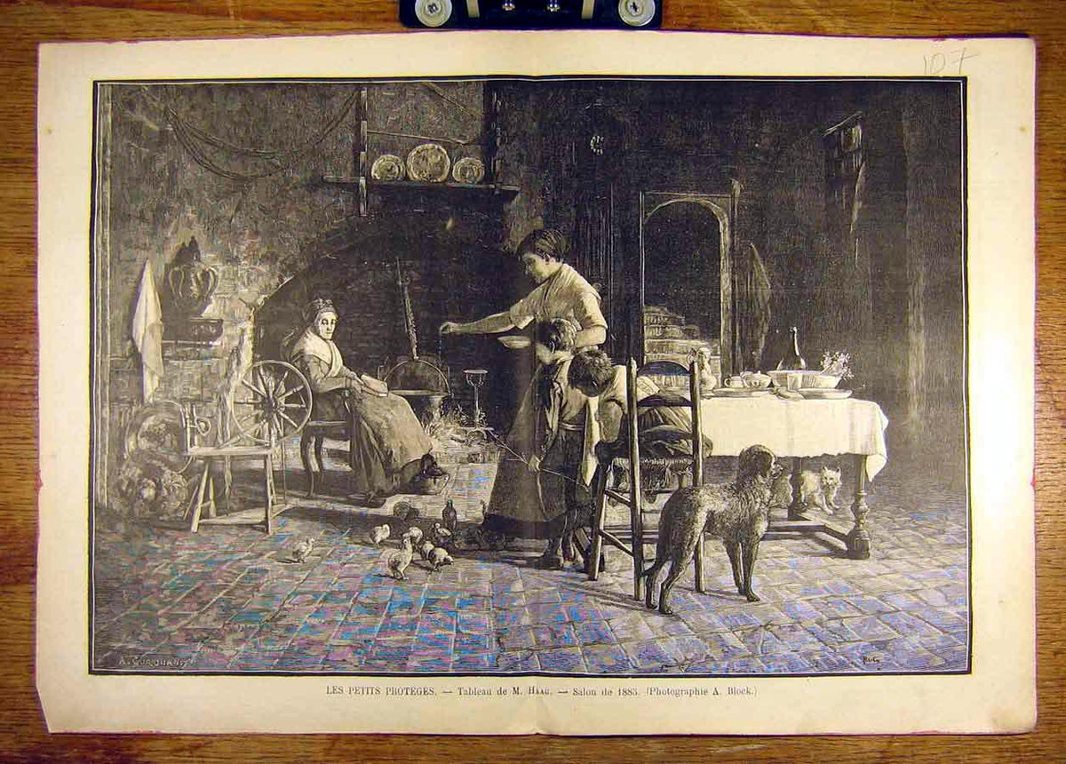 Original Old Antique Print 1885 Haag Petits-Proteges Chicks Children French