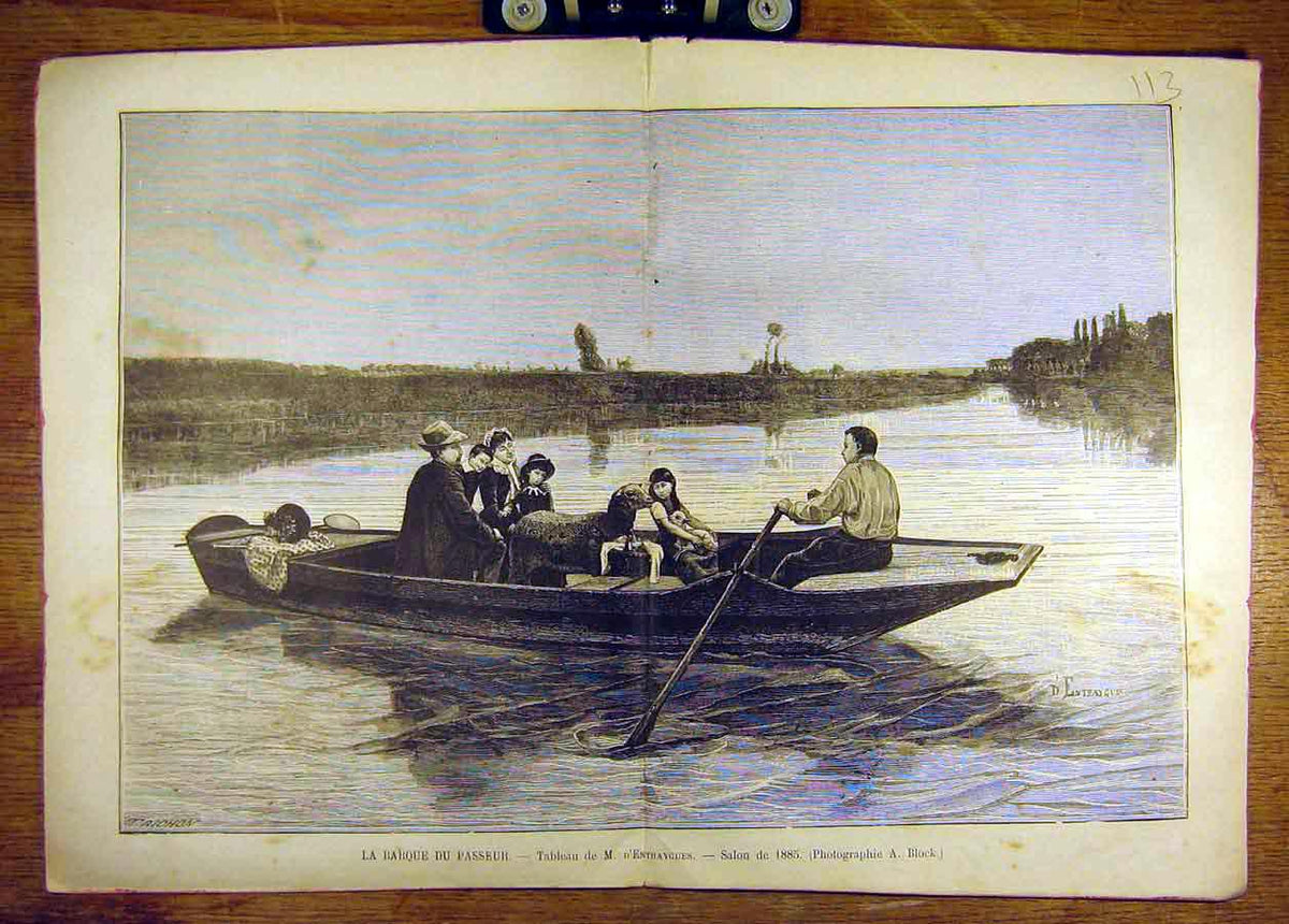 Old Antique Print 1885 Entraygues Boat Passenger Sheep Family French Art 19th