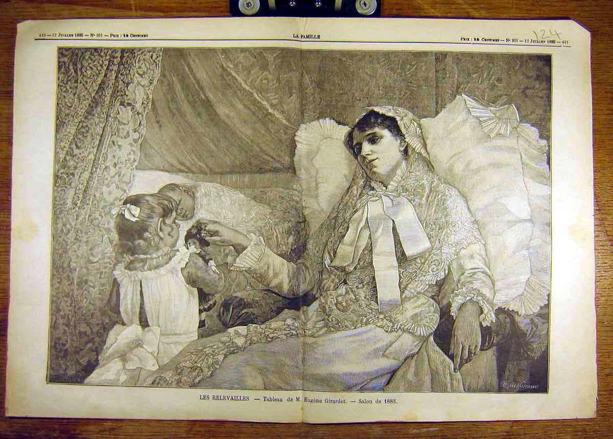 Old Antique Print 1885 Giradet Baby Child Mother Les-Relevailles French 19th