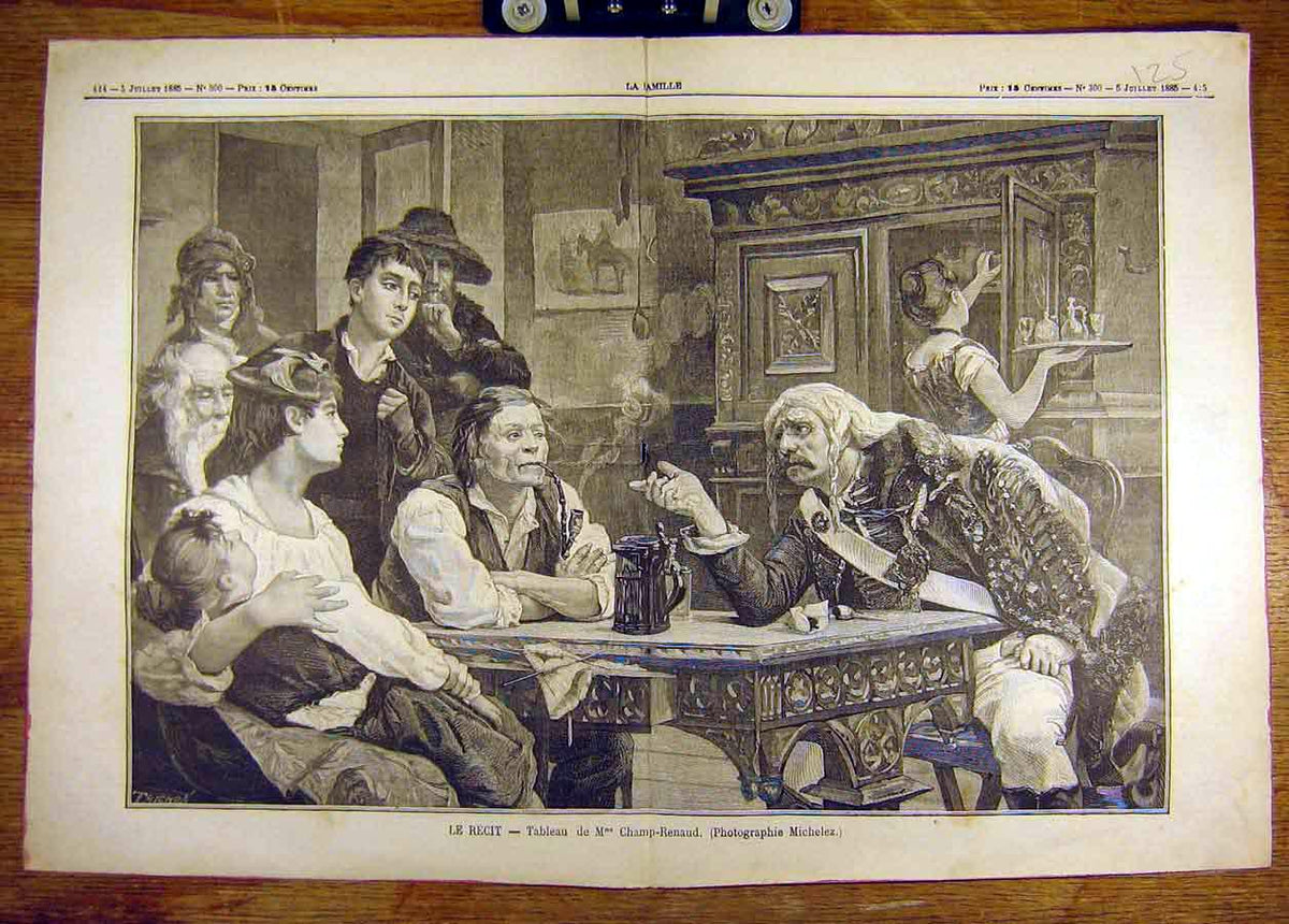 Old Antique Print 1885 Champ-Renaud Le-Recit Story-Teller Family French 19th