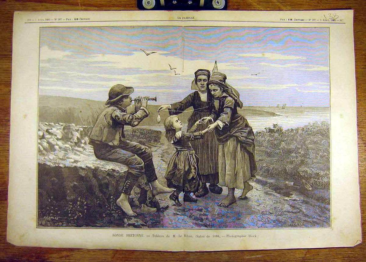 Old Antique Print 1885 Bihan Ronde-Bretonne Children Coast Beach Sea-Side 19th