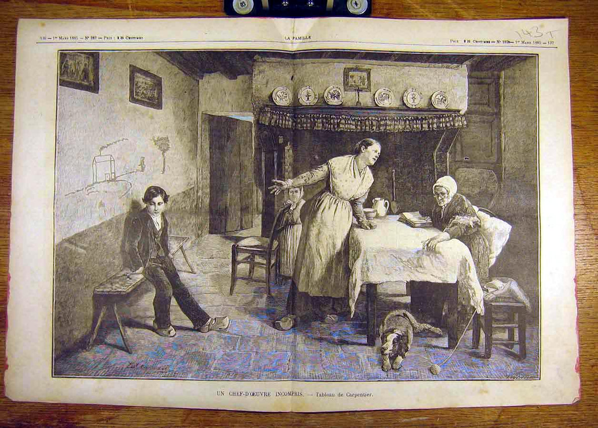 Original Old Antique Print 1885 Carpentier Boy Trouble Writing Wall French 19th