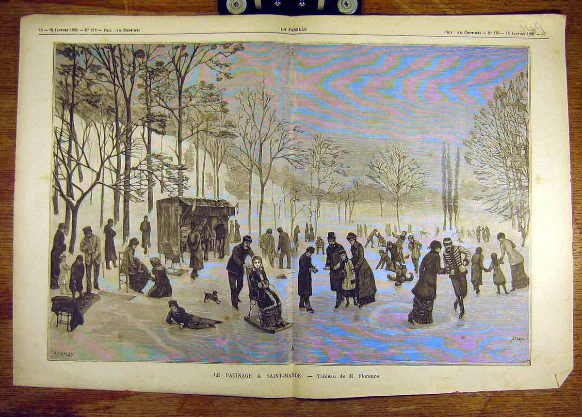 Old Antique Print 1885 Florence Ice-Skating Patinage Saint-Mande French 19th