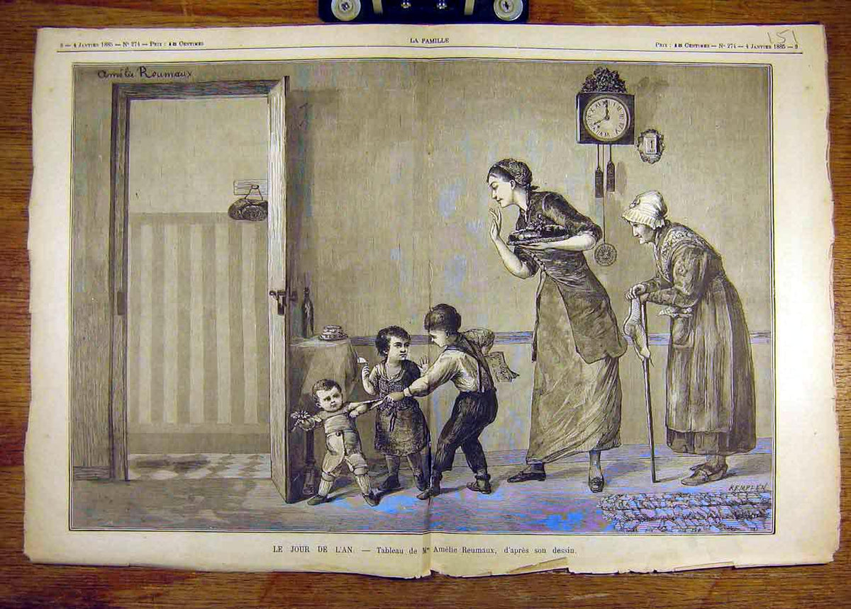 Original Old Antique Print 1885 New-Year'S-Day Reumaux Children French Art 19th