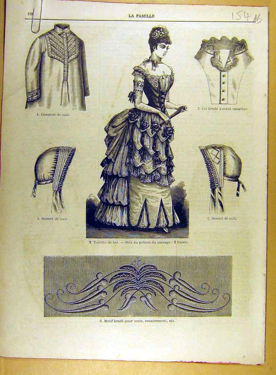 Original Old Antique Print 1885 Needlwork Chemise Ladies Fashion Motif French