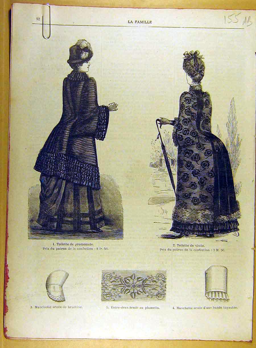 Original Old Antique Print 1885 Manchette Ladies Fashion Child Clothes French