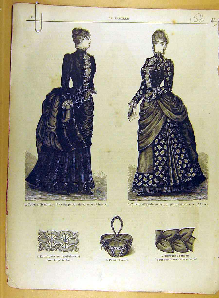 Original Old Antique Print 1885 Ladies Fashion Needlwork Lace Tapestry French