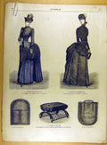 Old Antique Print 1885 Embroidery Satin Needlwork Ladies Fashion French 19th