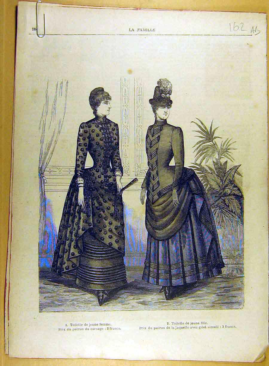 Original Old Antique Print 1885 Toilette Ladies Fashion Costume Lace Crochet