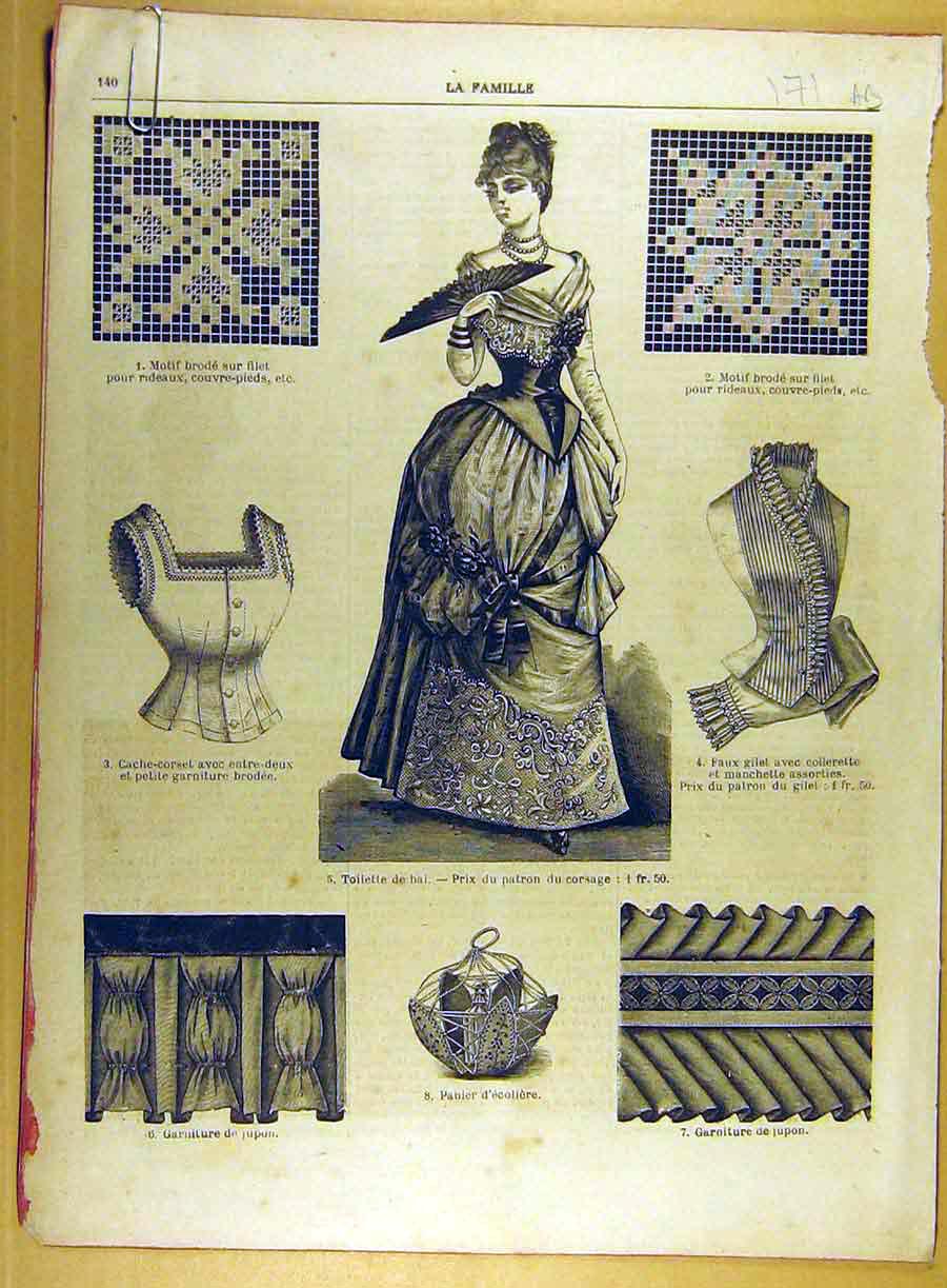 Original Old Antique Print 1885 Jupon Gilet Ladies Fashion French Lace Child