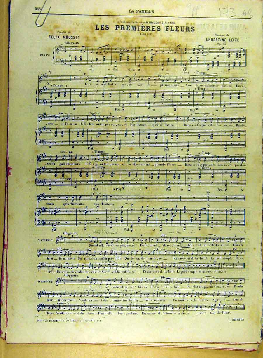 Original Old Antique Print 1885 Music Score Songs French Mousset Leite 19th
