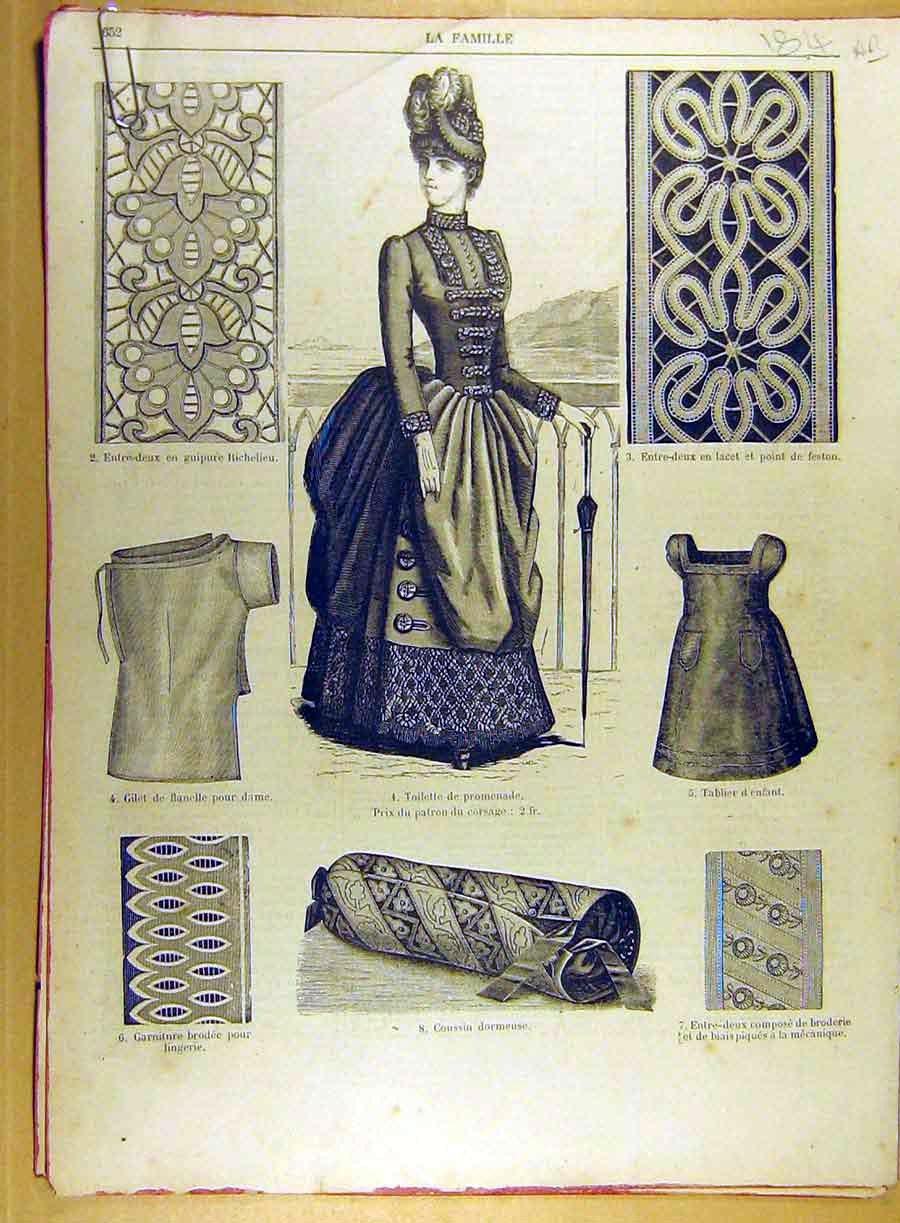 Original Old Antique Print 1885 Ladies Fashion Lace Children Chemise French