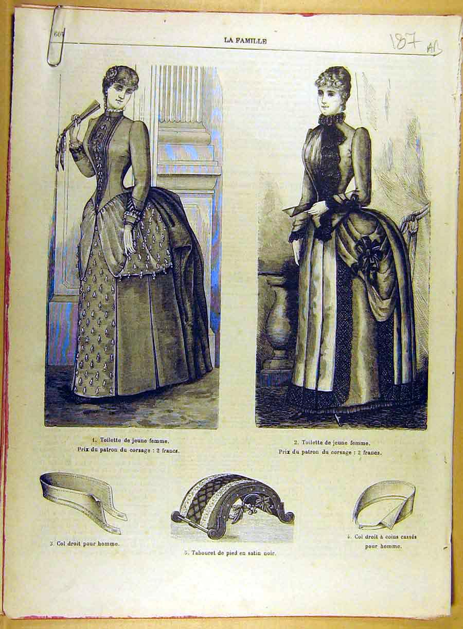 Original Old Antique Print 1885 Collar Man Ladies Fashion Pantalon French 19th