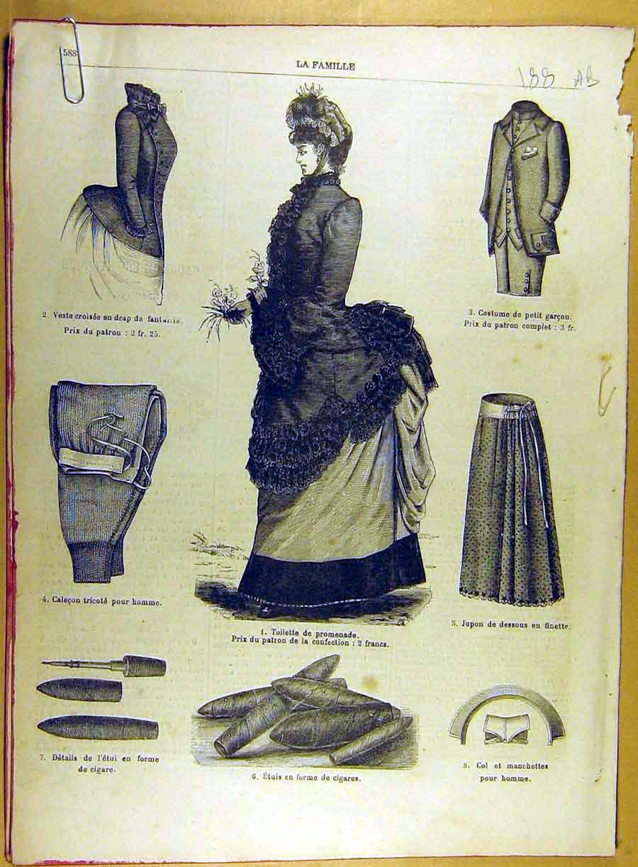 Original Old Antique Print 1885 Cigar Skirt Corsage Embroidery Ladies Fashion