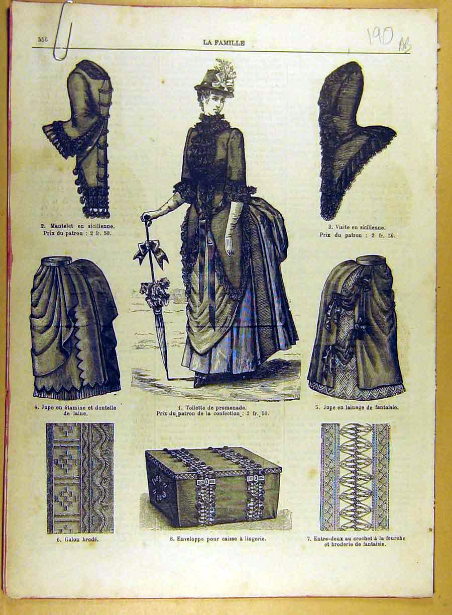Original Old Antique Print 1885 Skirts Ladies Fashion Mantle Corsage French