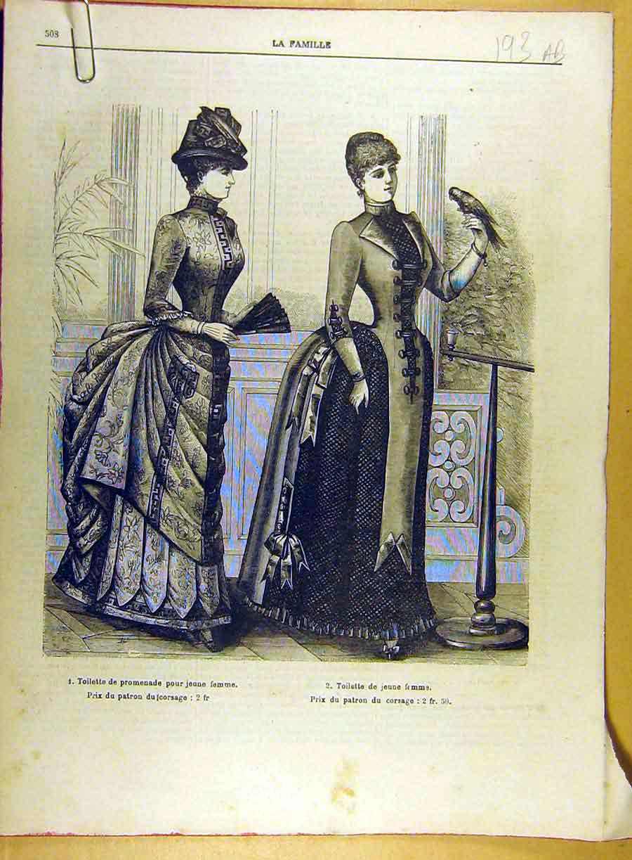 Original Old Antique Print 1885 Ladies Fashion Robes Dresses Lace Table French